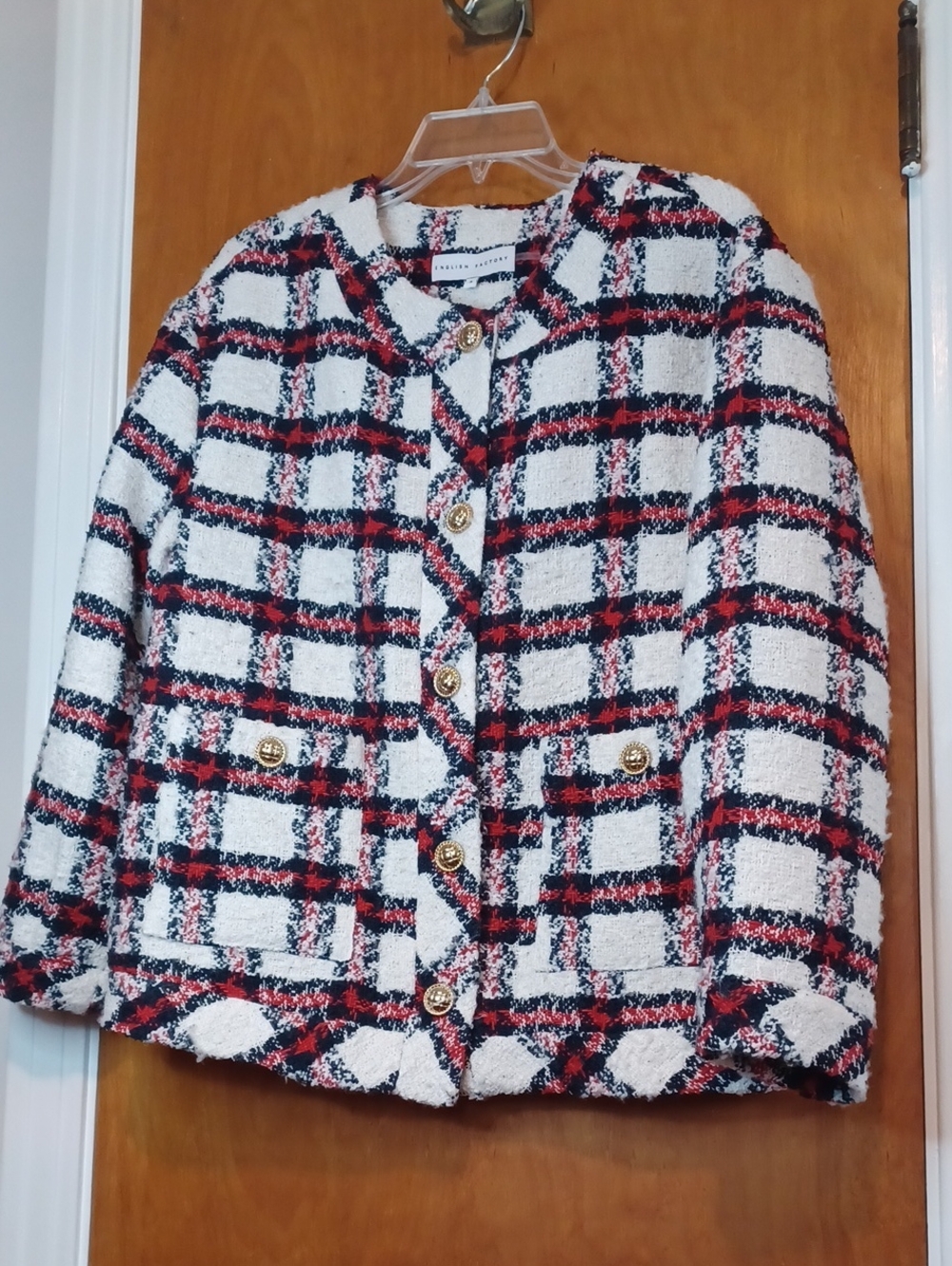 English Factory Plaid Boucle Jacket. Sz.S. White, Bk.& Red.26" Shoulder To Hem. - Picture 2 of 8